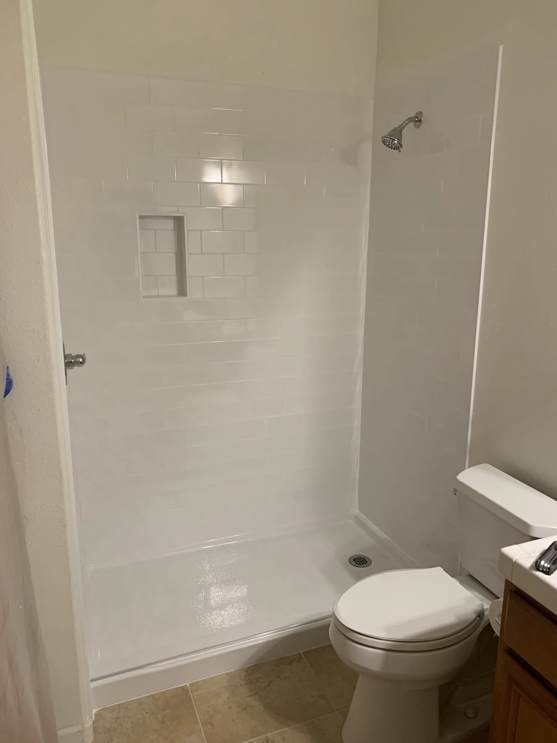 White tile walk-in shower: Tile and shower pan