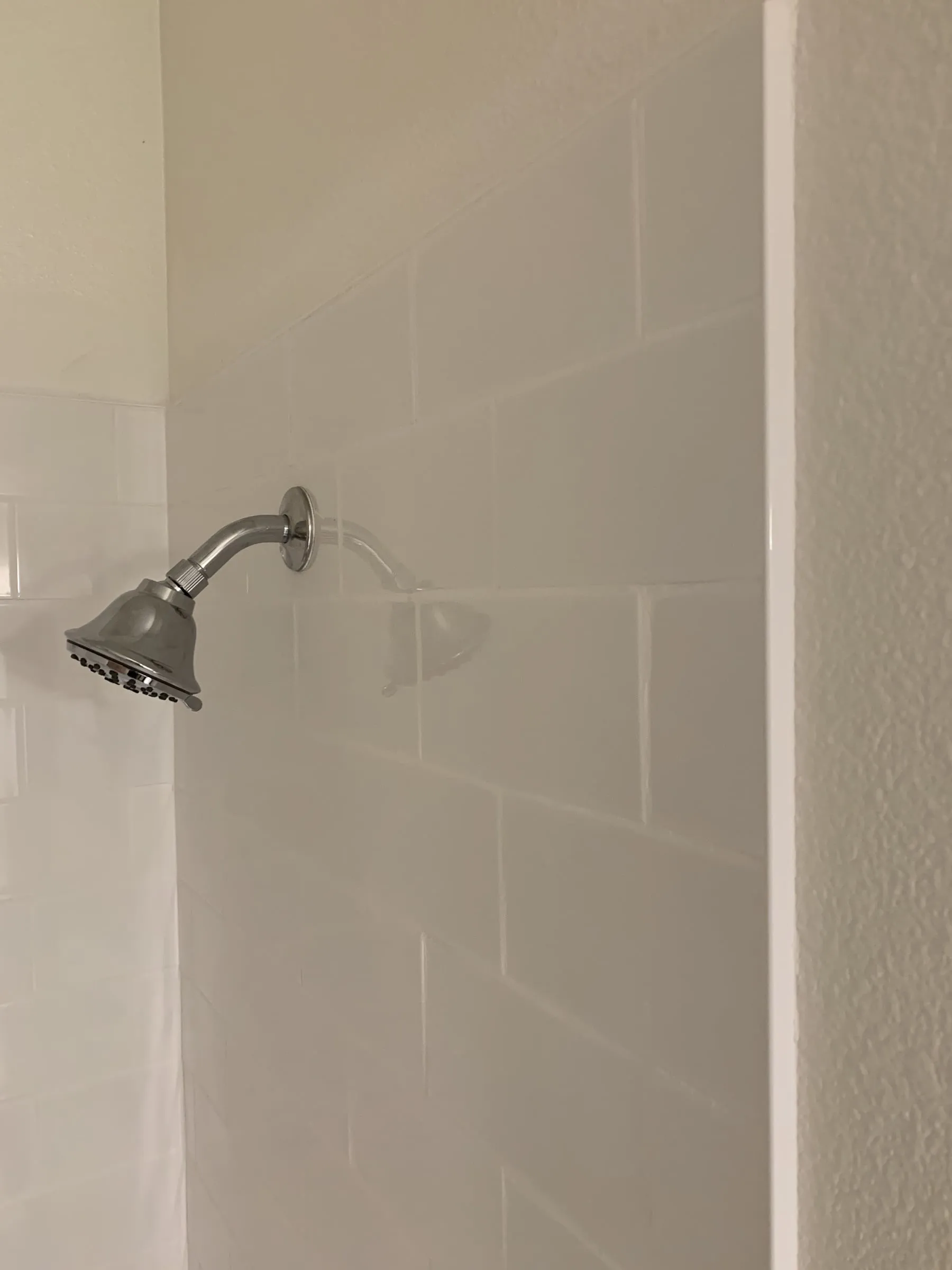 White tile walk-in shower: Fixture detail